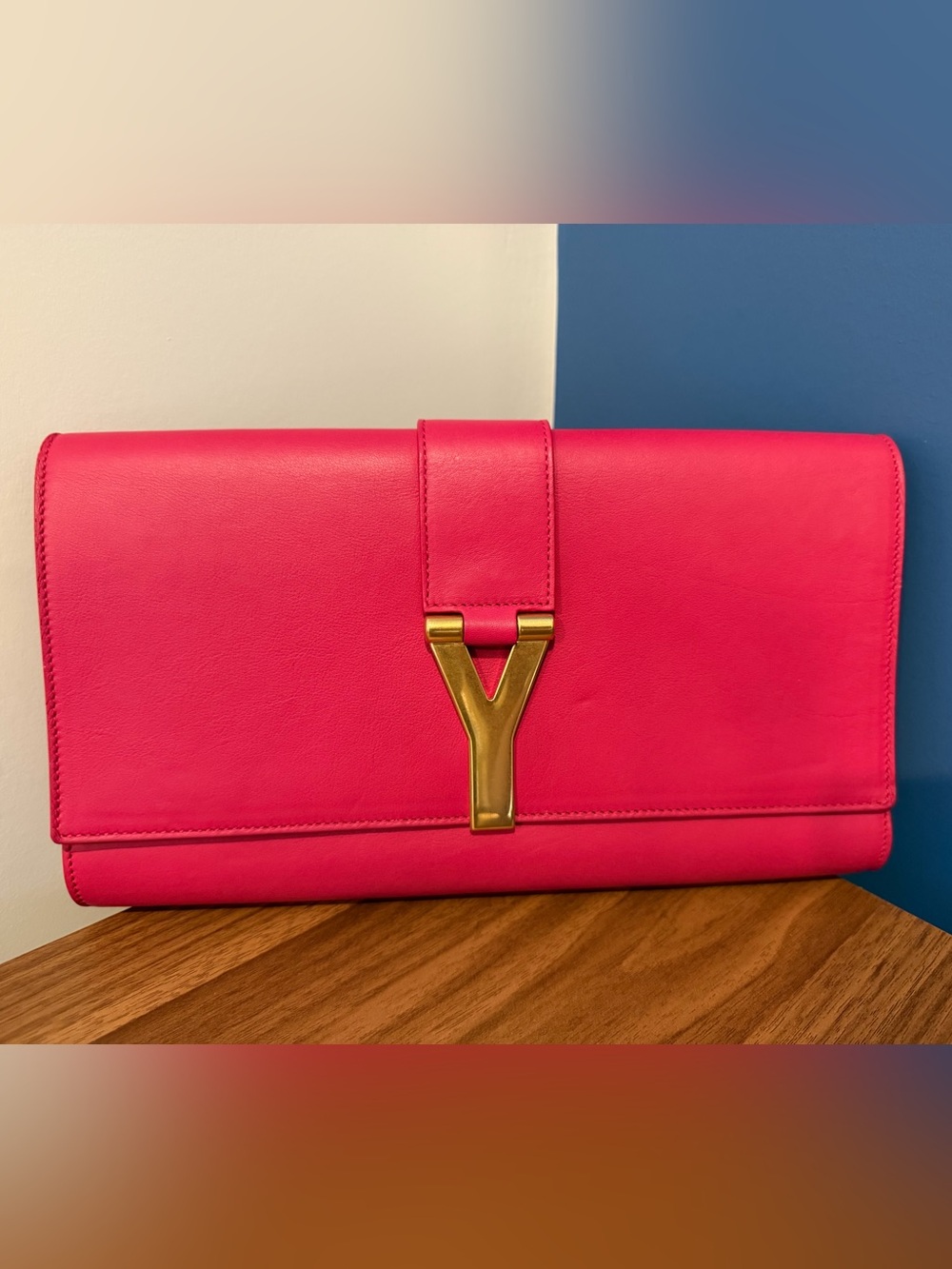Saint Laurent Pink Leather Clutch with Gold Y Accent